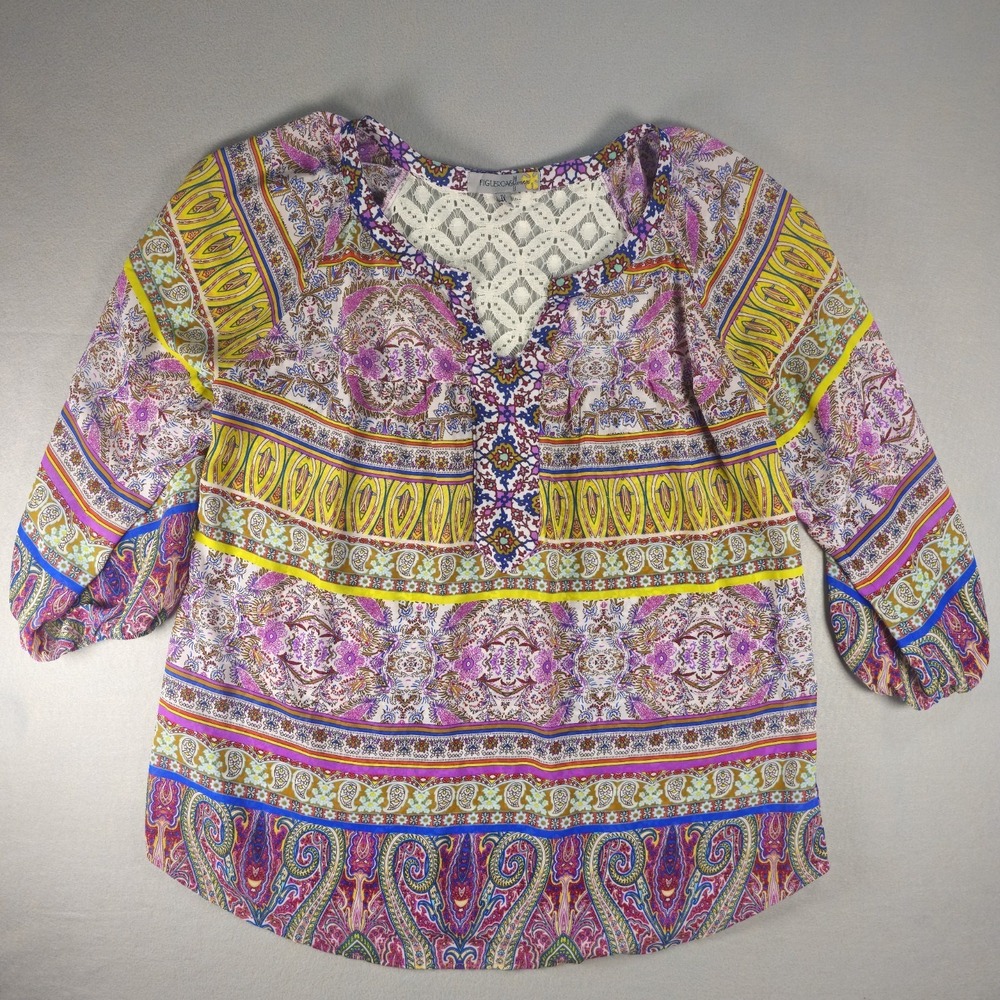 FIGUEROA & FLOWER Women 1X Boho Paisley Tunic Blouse Lace Back 3/4 Sleeve